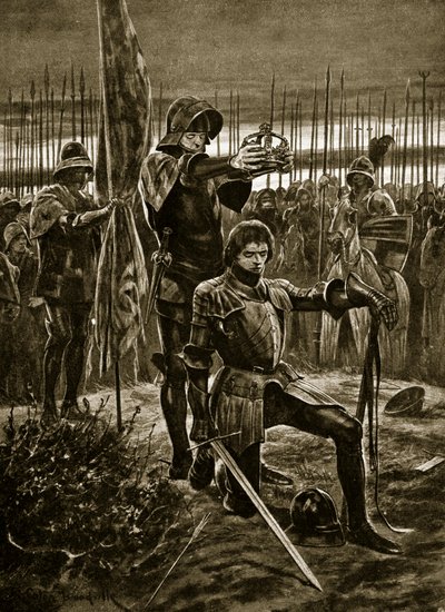 Henrik VII krönt i Bosworth, illustration från "Hutchinson