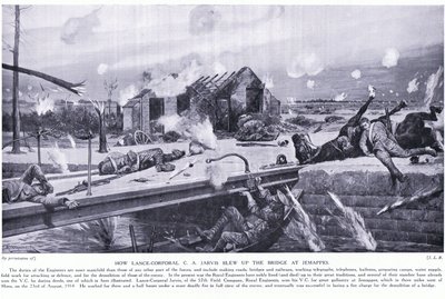 Hur vicekorpral CA Jarvis sprängde en bro vid Jemappes nära Mons och vann VC, augusti 1914 av Richard Caton Woodville junior