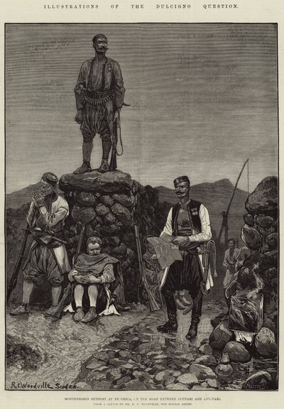 Illustrationer av Dulcigno-frågan, montenegrinsk utpost vid Pecorica, på vägen mellan Scutari och Antivari av Richard Caton Woodville junior