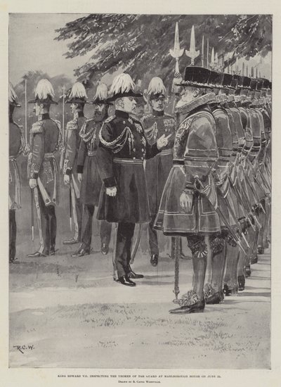 Kung Edward VII inspekterar Guardets Yeomen i Marlborough House den 25 juni av Richard Caton Woodville junior