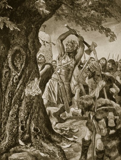 Malachy fäller Munsters kröningsträd år 982, illustration från "Hutchinson