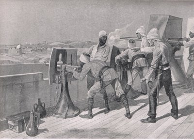 På väg uppför Nilen: Firing at the Dervishes, illustration från British Battles on Land and Sea, 1915 av Richard Caton Woodville junior
