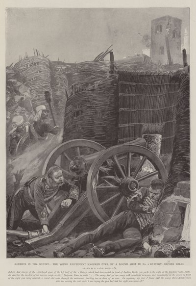 Roberts in the Mytery, den unge löjtnanten knockad av ett runda skott i No 2 Battery, före Delhi av Richard Caton Woodville junior