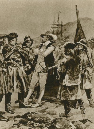 Sir Humphrey Gilbert gör anspråk på Newfoundland för England (gravyr) av Richard Caton Woodville junior