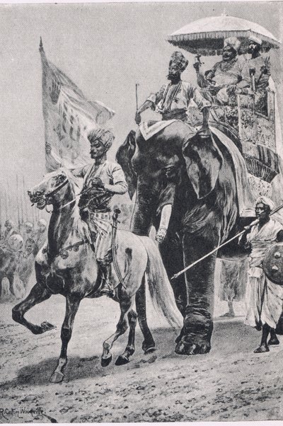 Siraj-ud-Daulah vid Plassey, 23 juni 1757, illustration från brittiska Battles on Land and Sea, 1915 av Richard Caton Woodville junior