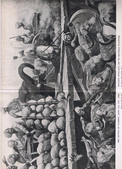 Slaget vid Plassey 23 juni 1757: Nawabs artilleri på sin rörliga plattform, illustration från British Battles on Land and Sea, 1915 av Richard Caton Woodville junior