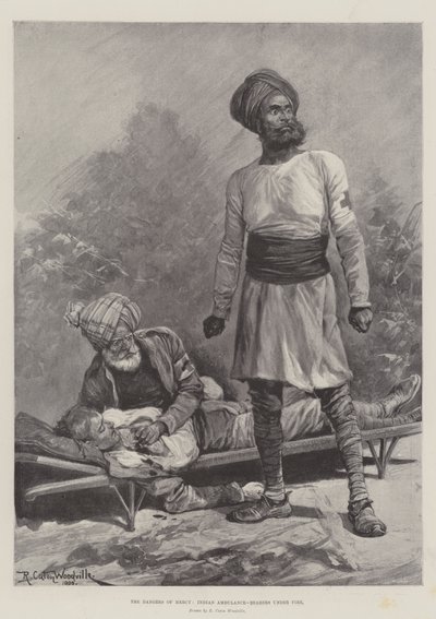 Barmhärtighetens faror, indiska ambulansbärare under eld av Richard Caton Woodville junior