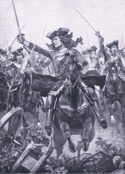 Hertigen av Marlborough vid slaget vid Oudenarde, 11 juli 1708, illustration från brittiska striderna på land och hav, 1915 av Richard Caton Woodville junior