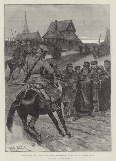 Hungersnöden i Ryssland, kosackpatrull nära Kazan hindrar bönderna från att lämna sin by av Richard Caton Woodville junior