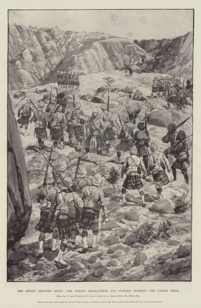 Den indiska gränsen reser sig, Gordon Highlanders och Gurkhas stormar Dargai Ridge. av Richard Caton Woodville junior