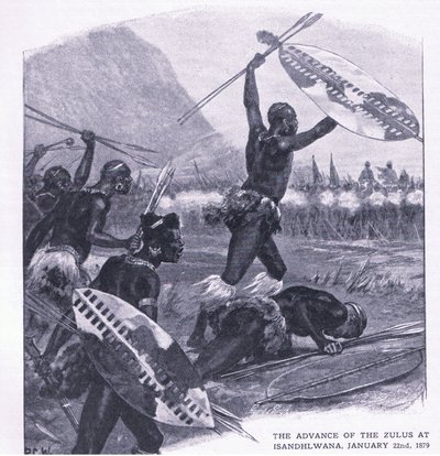 Zuluernas frammarsch vid Isandhlwana 22 januari 1879, illustration från brittiska striderna på land och hav, 1915 av Richard Caton Woodville junior