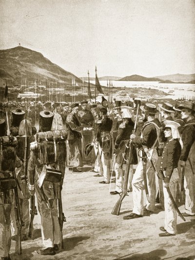 Överlåtelsen av Hongkong till britterna, 1841, illustration från "Hutchinson