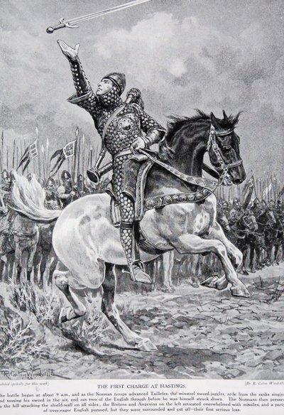 Den första attacken vid Hastings: Taillefer, minstrel svärd-jonglörn red från leden och sjöng och kastade sitt svärd i luften, 1066, illustration från 