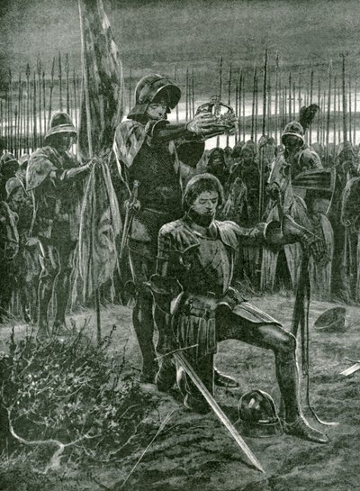 Lord Stanleys informella kröning av Henrik VII på slagfältet vid Bosworth den 22 augusti 1485. av Richard Caton Woodville junior
