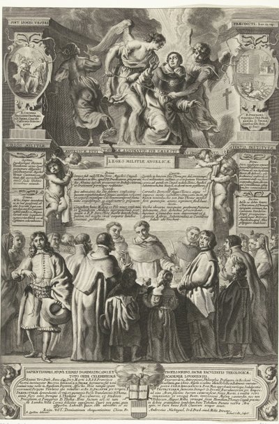 Instelling van de broederschap Militia Angelica av Thomas av Aquino, 1649 Ursprunget till den änglaliga milisen, den gudomlige Thomas av Aquino; under hans himmelska kyskhetsbälte, instiftad (titel på objekt) av Richard Collin