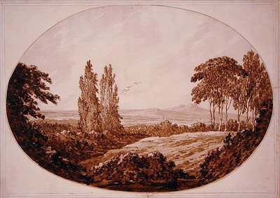 Landskap, träd och Rocky Hills (penna- och bläcktvätt på papper) av Richard Cooper