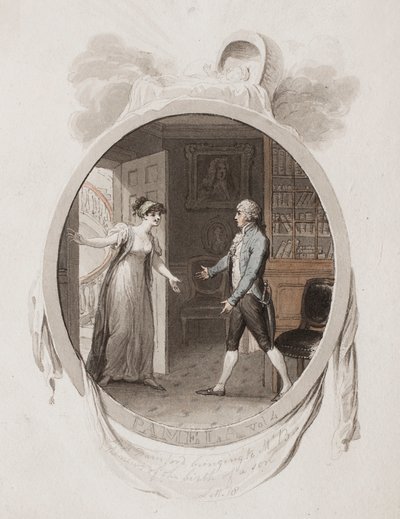 Miss Darnford förmedlar till Mr B nyheten om födelsen av en son, Lett. 18, illustration till en 1802 års upplaga av 