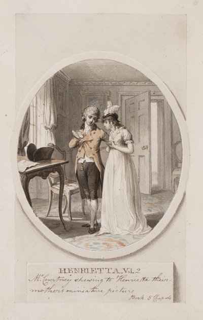 Mr Courtney visar Henrietta sin mors miniatyrbild, bok 5 kapitel 4, illustration till en 1798 års upplaga av "Henrietta" av Charlotte Lennox, ca 1798 (penna och wc på papper) av Richard Corbould