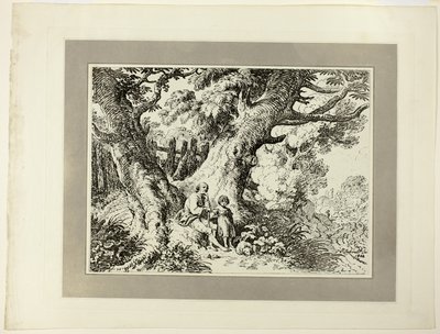 Gamla träd med gammal man, en flicka och en hund, från första numret av Specimens of Polyautography av Richard Corbould