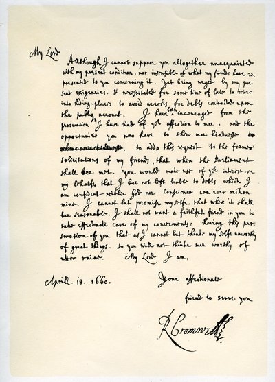 Brev från Richard Cromwell, Lord Protector, till general George Monck, 18 april 1660. av Richard Cromwell