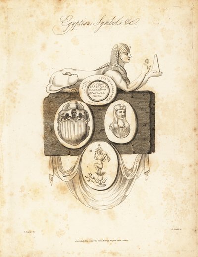 Egyptisk sphynx, skarabee, Horus, etc, 1823 (gravyr) av Richard Dagley