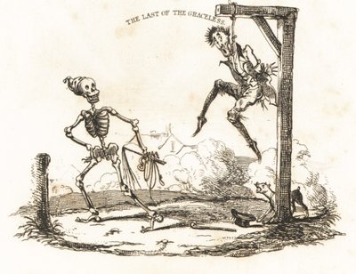 Vinjett av ett skelett och en man som hänger från en gibbet., 1827 (gravyr) av Richard Dagley