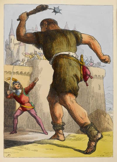 Jack redo att slåss mot en jätte utanför ett slott. Färgillustration i en barnbok. av Richard Doyle