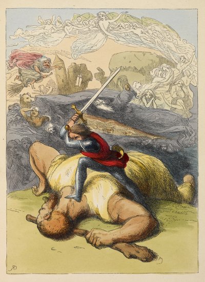 Jack står på kroppen av en jätte, med sitt svärd upphöjt. Färgillustration i en barnbok. av Richard Doyle