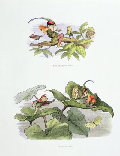 Stackars lilla Birdie retade, och uppvaktningen förkortades, illustrationer från "In Fairyland: A Series of Pictures from the Elf-World" av William Allingham och Andrew Lang av Richard Doyle