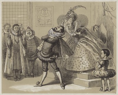 Slående scen mellan drottning Elizabeth och hennes favorit Essex (akvatint) av Richard Doyle