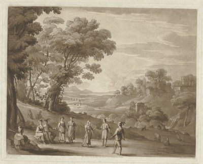 Landskap med dansande figurer Tryck efter teckningar av Claude Lorrain (serietitel) Liber Veritatis (serietitel) av Richard Earlom