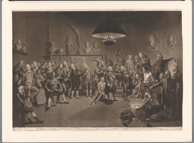 Medlemmar av Royal Academy i interiör med naken manlig modell, 1768 Kungliga Konsthögskolan, instiftad av kungen, år 1768 (titel på föremålet) av Richard Earlom