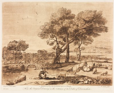 Liber Veritatis: Nr 135, A Landscape, with Buildings, Mercury som stjäl Admetuss boskap från Apollo av Richard Earlom