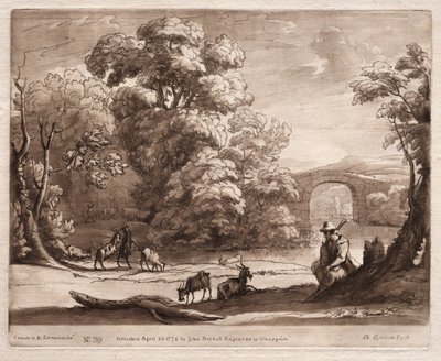 Liber Veritatis: No. 39, A Landscape with Herdsman playing a bagpipe and gets surfing av Richard Earlom