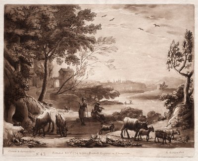 Liber Veritatis: nr 42, A River Landscape with a Shepherd and Shepherdess..., 1774. av Richard Earlom
