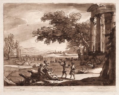 Liber Veritatis: Nr 55, A Landscape with a Temple and a Nymph and Satyr Dancing av Richard Earlom