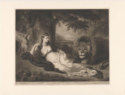 Porträtt av Mary Lawrence med ett lejon i ett landskap Fröken Hall Una av Richard Earlom