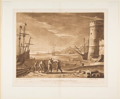 Havshamn med sjömän som lastar varor, 1774. av Richard Earlom