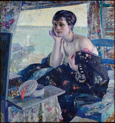 Kvinna vid ett fönster (olja på panel) av Richard Emil Miller