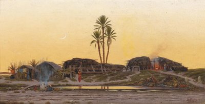 Kvällsstämning över en by, på baksidan med titeln Arabisches Dörfchen i Tunis av Richard Fuchs