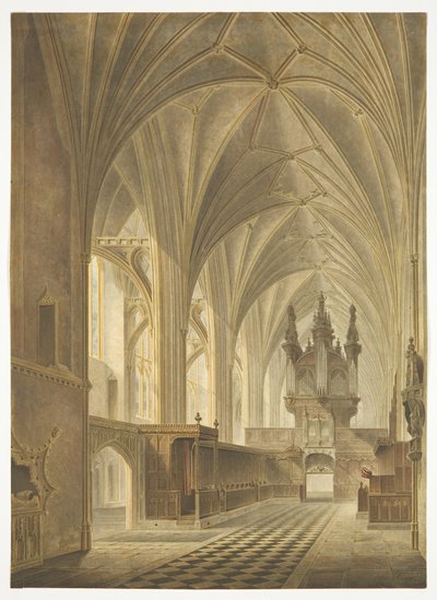 The Choir of Bristol Cathedral, Looking West (handfärgad akvatint) av Richard G. Reeve
