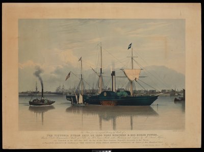 Denna plansch, från en originalmålning av Ward, av ångfartyget Victoria, med 1200 tons tyngd och 400 hästkrafter ... sjösatt den 20 juni 1837 ... (akvatint, färgad, kartong) av Richard G. Reeve