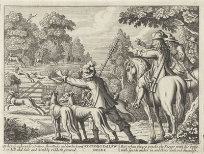 Herten nagejaagd genom jachthonden Coursing Fallow Deere (titel på objekt) Jachtpartijen (serietitel) Flera sätt för jakt, Hawking och fiske, enligt engelskt sätt (serietitel) av Richard Gaywood (possibly)