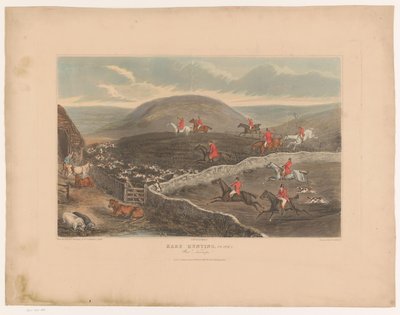 Landskap med hundar och jägare på hästryggen som springer genom fält Harjakt, tallrik 2. Krigskålrot! (titel på objekt) av Richard Gilson Reeve