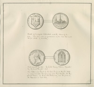 Lichfield - Medals of Lichfield Cathedral and the City Arms, och ett porträtt av Richard Greene: pennteckning, nd [tidigt 1800-tal] (teckning) av Richard Greene