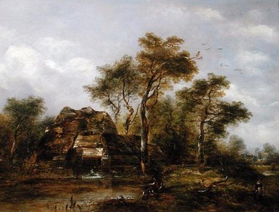 Overshot Mill with Man Fishing (olja på duk) av Richard Hilder