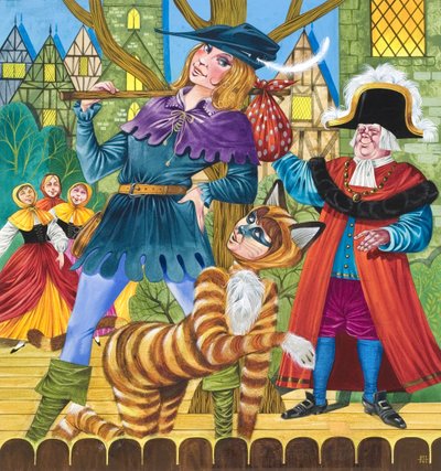 Scen ur pantomimen Dick Whittington (gouache på papper) av Richard Hook