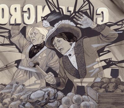 Suffragetter krossar fönster (gouache på papper) av Richard Hook