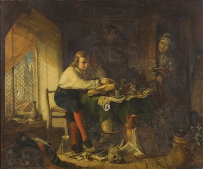 Chatterton komponerar Rowleian-manuskripten (olja på duk) av Richard J. Lewis