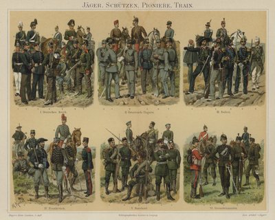 Gevärsmän, pionjärer och försörjningstrupper från europeiska arméer (färg litho) av Richard Knotel